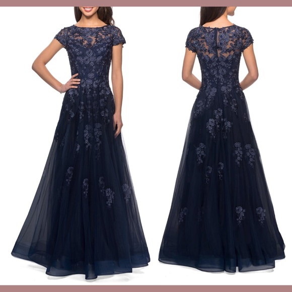 NEW $619 La Femme [ 8‎ ] Mesh A-Line Ball Gown in Navy Blue